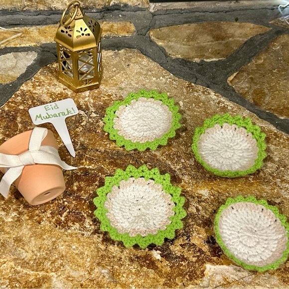 Hand made Mini Terracotta cup coasters with Green Crochet Top and White Bow - Picture 2 of 3